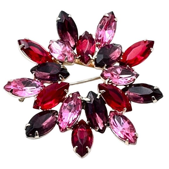 Vintage Womens Brooch Glass Rhinestone Gold Tone Pin Pink Red Estate Pin - Picture 1 of 3